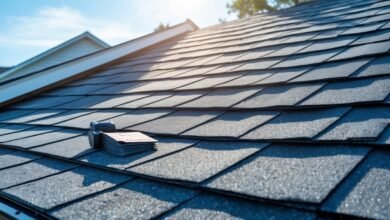 Close-up of a house roof with asphalt shingles under a clear blue sky, showing roofing tools nearby.